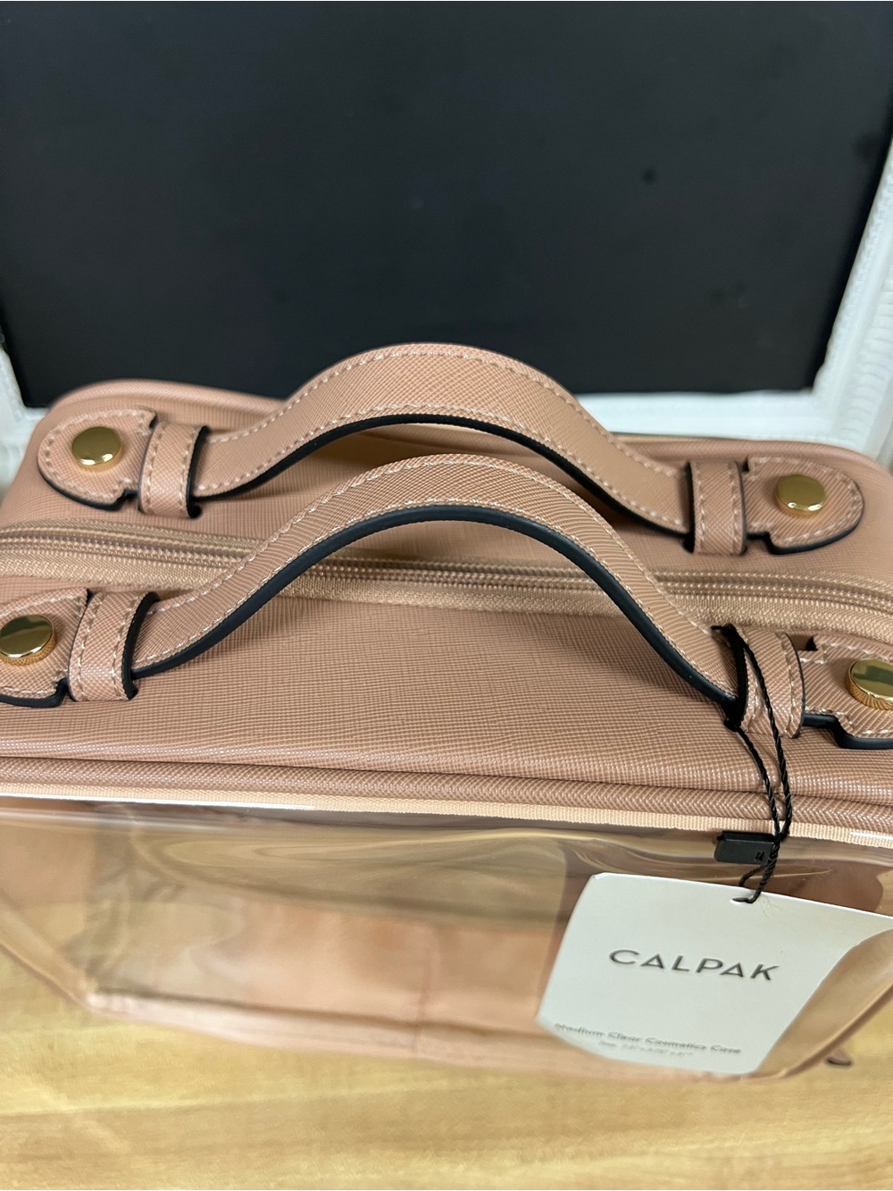 Calpak NWT Clear Cosmetic Case in Beige/Tan with Top Handle - Picture 3 of 6